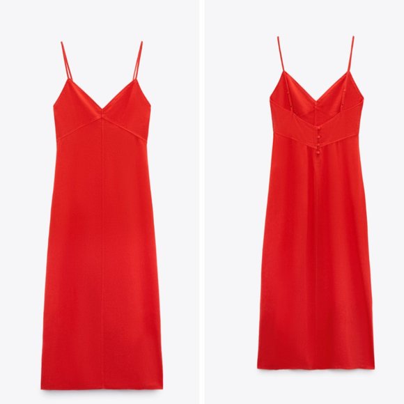 ZARA Red Linen V Neck Midi Dress - Picture 1 of 3